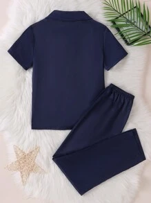 SHEIN Tween Boys Pajamas - Navy Blue Classic Collar Faux Silk Color Dobby Short Sleeve Top Paired With Navy Blue Casual Long Pants, Comfortable 2 Pieces Loungewear Set