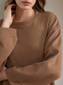 Ocili Leisure Women's Soft Waffle Knit Comfy Long Sleeve Off Shoulder Pajama Tops Casual Loungewear