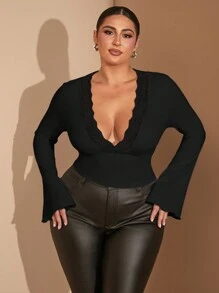 SHEIN BAE Blusa de manga larga con cuello en V y ribete de encaje en contraste para mujer talla grande, para exteriores, otoño/invierno