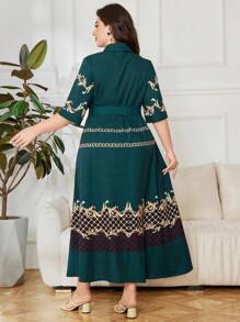 Lacomfia 大码优雅烂花衬衫领中长连衣裙