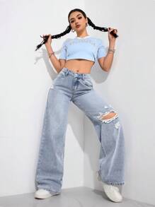 SHEIN EZwear Women's Casual Washed Distressed Wide Leg Jeans - Light Wash - View 2