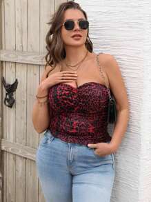 SHEIN VCAY 大码度假红色豹纹性感露肩上衣。情人节、休闲野餐派对。 - 酒紅色 - 查看 3