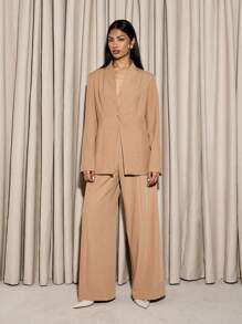 AiiRZ Luxurious High-Waisted Wide-Leg Palazzo Trousers, Professional Office Wear Dress Pants With Turn-Over Side Detail, Elegant Evening Formal Wear - Brown - View 4