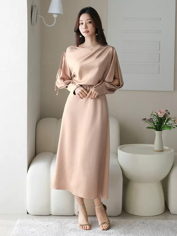 2pcs/Set Women Solid Color Asymmetrical Neck Blouse And Dress Suit,Fall Dress Long Sleeve Dress