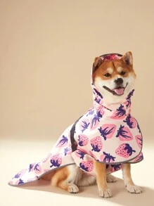 PETSIN 1pc Pet Raincoat, Strawberry Pink Fashion Print Colorblock, Full Coverage High Collar Hooded Reflective Rainproof Coat Cape, Adjustable Buckle, Waterproof Dog Cloak - Multicolor - View 2