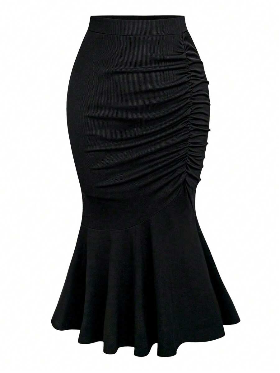 Franclia Plus 褶饰美人鱼下摆超长裙秋季 - 黑色 - 查看 1