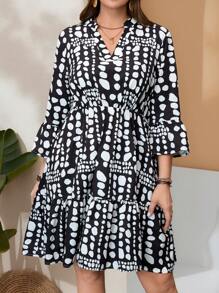 EMERY ROSE Vestido con cuello en V, mangas 3/4 acampanadas y estampado geométrico para mujer talla grande, para principios de primavera