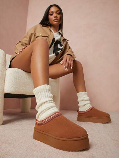 Denimoi 女士清新高筒编织领木屐舒适厚底拖鞋，记忆泡沫鞋垫，防滑鞋底，适合秋冬季节的圣诞假期度假氛围