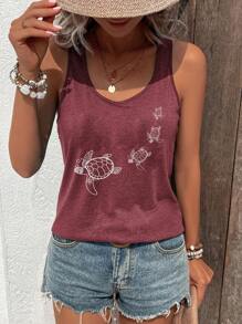 INAWLY Áo ba lỗ không tay in họa tiết cổ chữ V tối giản cho nữ, mặc thường ngày - Gỗ đỏ - Xem 3