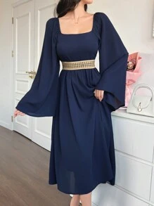 DAZY Vestido de mujer de cuello cuadrado de unicolor con empalme de manga larga, elegante y sencillo de largo medio, vestido de fiesta, vestidos formales de mujer, vestido de otoño para carnaval