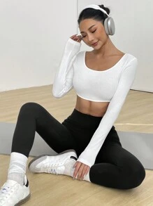 Flirla Vit rosettdekor Sexig Slim Fit Crop Top med ryggrem, långärmad - Vitt - Visa 4