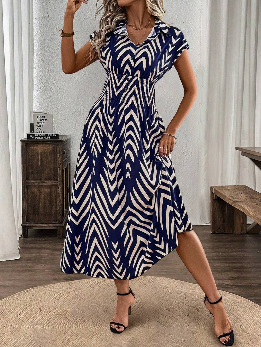 SHEIN Clasi Women's Geometric Print Button Batwing Sleeve Elegant Belted Dress, Resort, Bohemian, Western Style Clothing, Spring/Summer