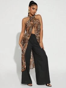 SHEIN SXY 2 pièces/Set Tenue bohème sexy dos nu : Top en mousseline de soie imprimé léopard ultra-long + Pantalon large en lin noir, convient pour les sorties décontractées et les trajets de bureau, printemps/été