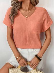 SHEIN LUNE Áo cánh tay ngắn cổ chữ V họa tiết nhăn cho nữ - Màu Cam san hô - Xem 5