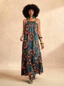 Slaydiva Beach New Spring And Summer Holiday Suspender Neck Pleated Sleeveless A-Hem Cake Skirt Pattern Dark Green Red Ring Pattern Printed Women's Maxi Dress