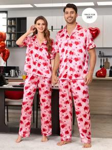 Men's Heart Print Pajama Set, Boyfriend Gift - Pink - View 6
