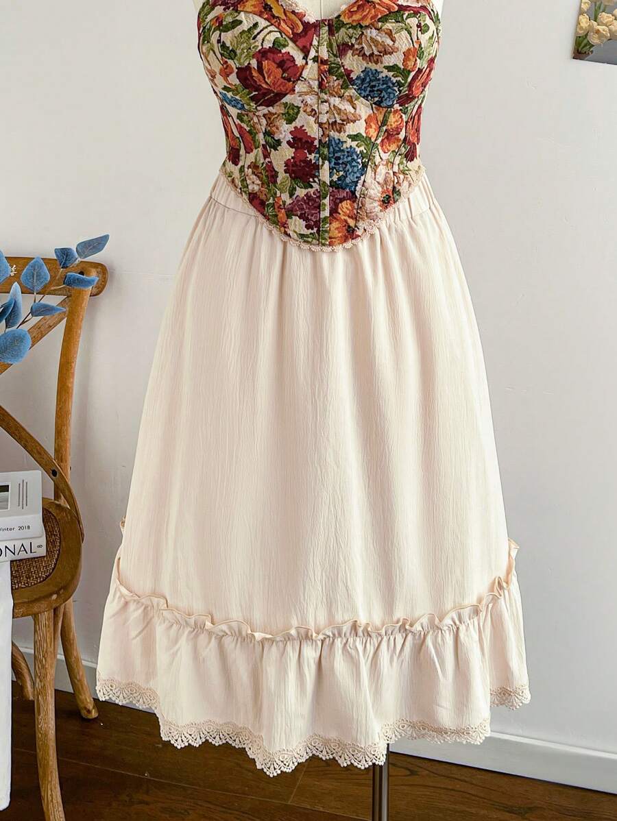 Soleia Plus Size Damska Elastyczna Talia Koronkowa Patchworkowa Spódnica A-Line, Styl Wakacyjny Na Wsi