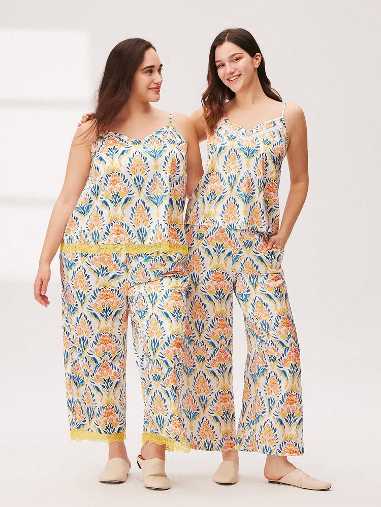 Seidig-seidiger Spitzenkantencamisole-Oberteil & Hose Loungewear Set mit luftigem Pyjama Hose mit Taschen als Lingerie als Außenkleidung Loungewear Set für Frauen