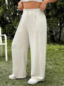 SHEIN EZwear 大码亚麻纯色休闲长裤，春季 - 米色 - 查看 3