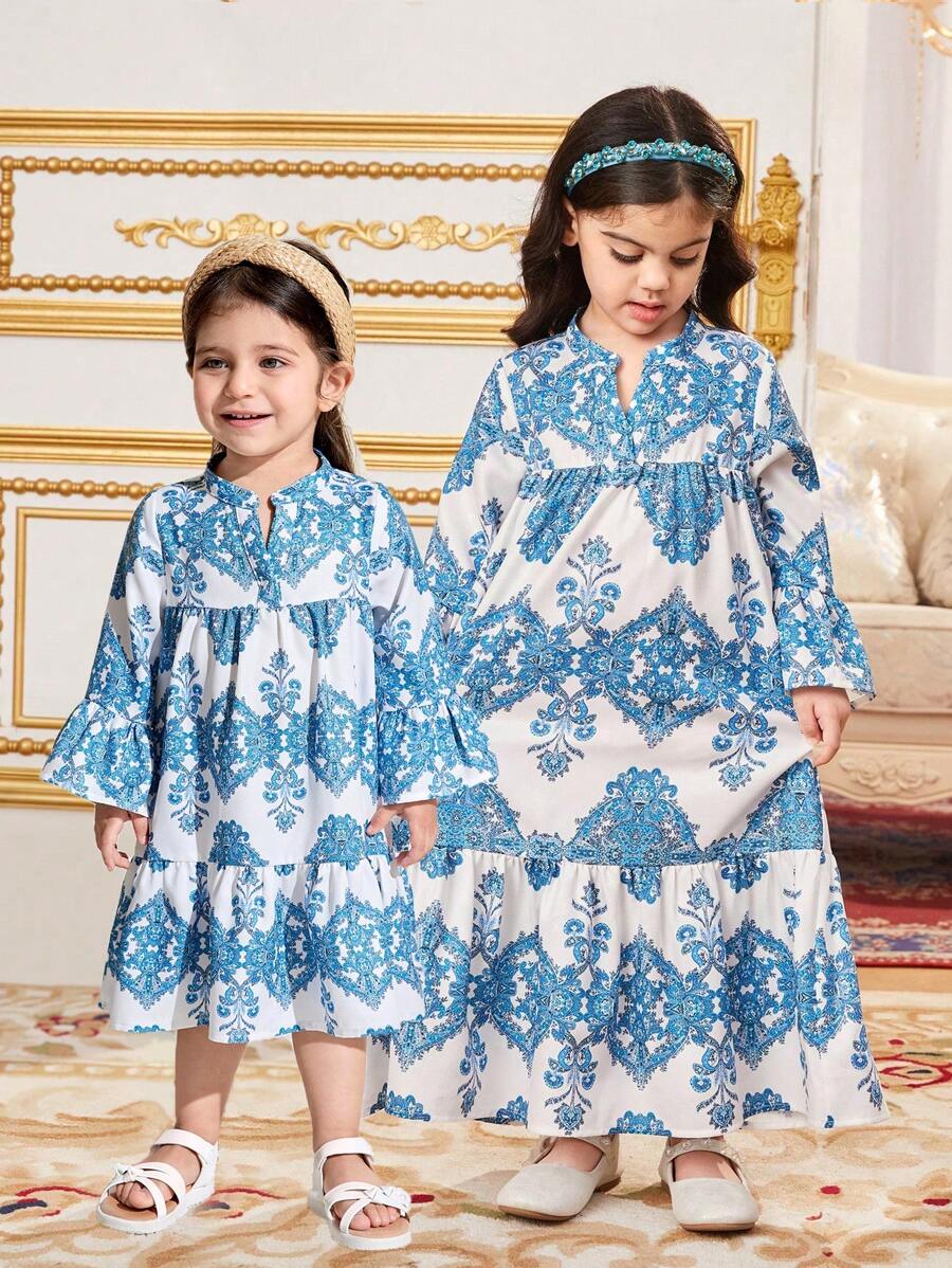 SHEIN Cute Floral Print Long Sleeve Dress For Girls, Spring/Summer - Blue and White - View 1