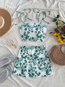 Soleia 2pcs/Set Women Floral Knit Texture Drawstring Waist Skirt, Romantic Casual Holiday