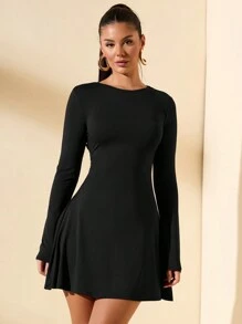 SHEIN BAE 女士修身长袖高领荷叶边下摆迷你连衣裙，咖啡色，适合秋冬季分层搭配、约会或通勤，优雅卡其裙伞裙办公室装工作服秋季内衣