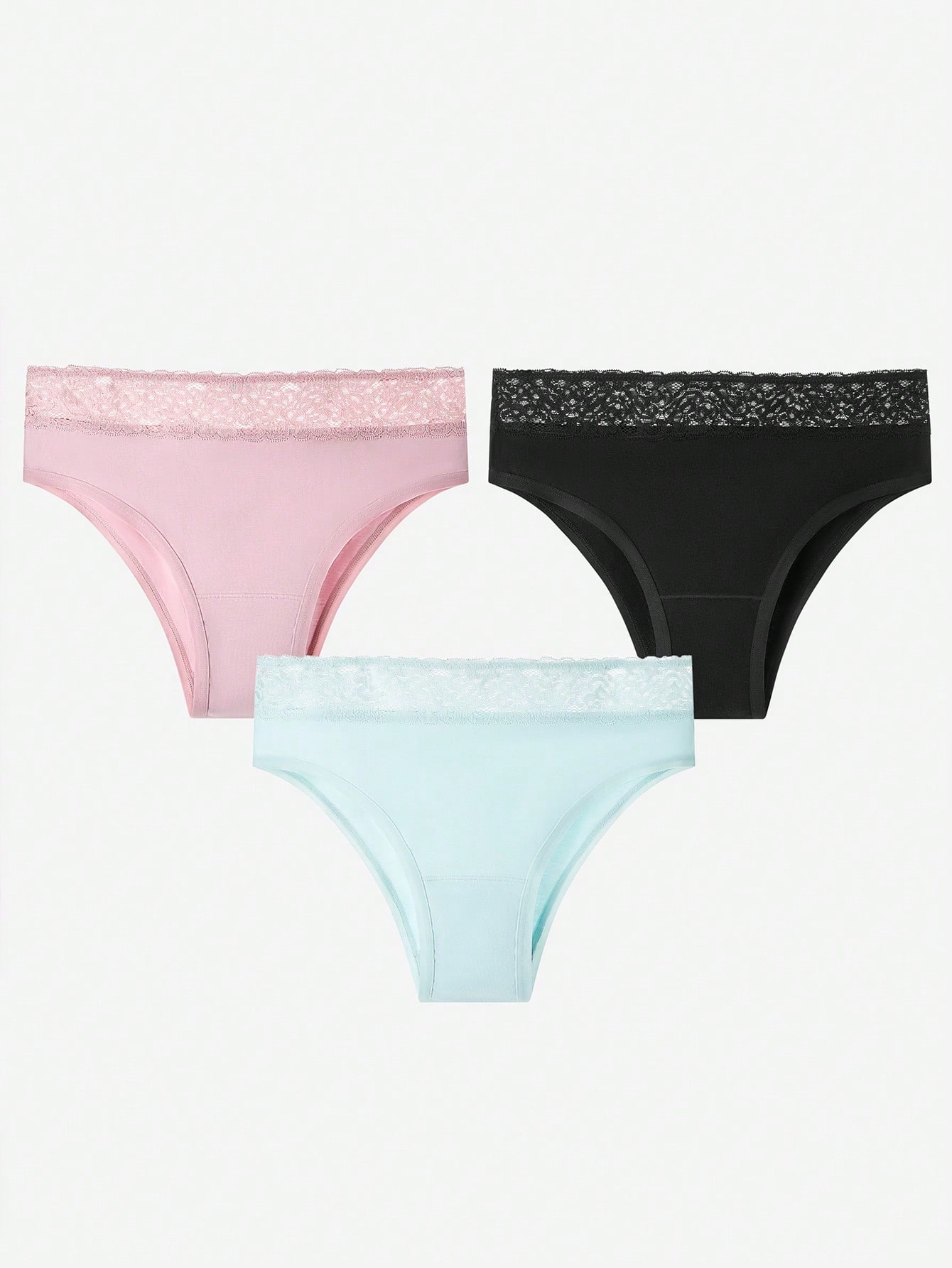 Set di 3 mutandine in cotone leggero con vita media e pizzo, biancheria intima da donna, colore azzurro ghiaccio