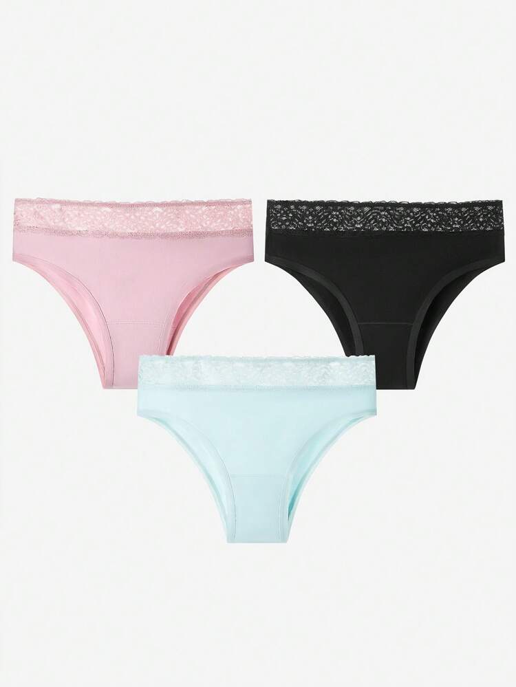 3 paquets de sous-vêtements aériens en coton de base avec taille mi-haute, garniture en dentelle, culotte échancrée aérée pour femmes - bleu glace