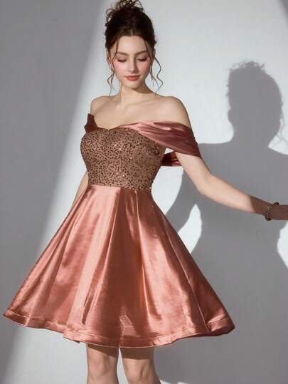 SHEIN Belle Women Elegant Off Shoulder Sequin Patchwork Party Gown, Wedding Guest Dress, Prom Dress