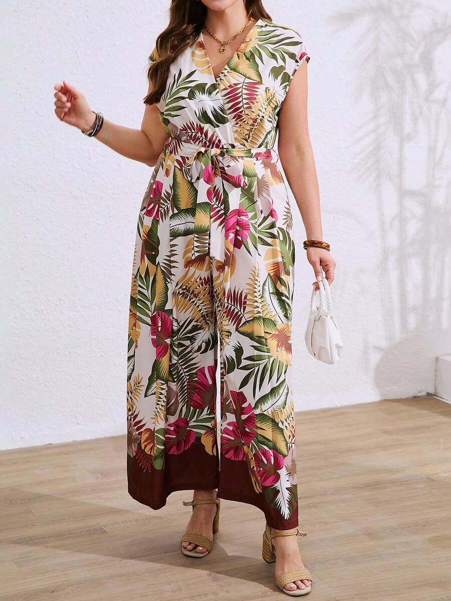 SHEIN Clasi 大码女式热带植物印花 V 领无袖系带阔腿连体裤，适合海滩度假 - 彩色 - 查看 1