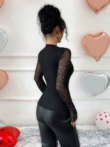 Calvaya Sexy Slim Fit Long Sleeve T-Shirt With Mesh & Sequins Splicing Details