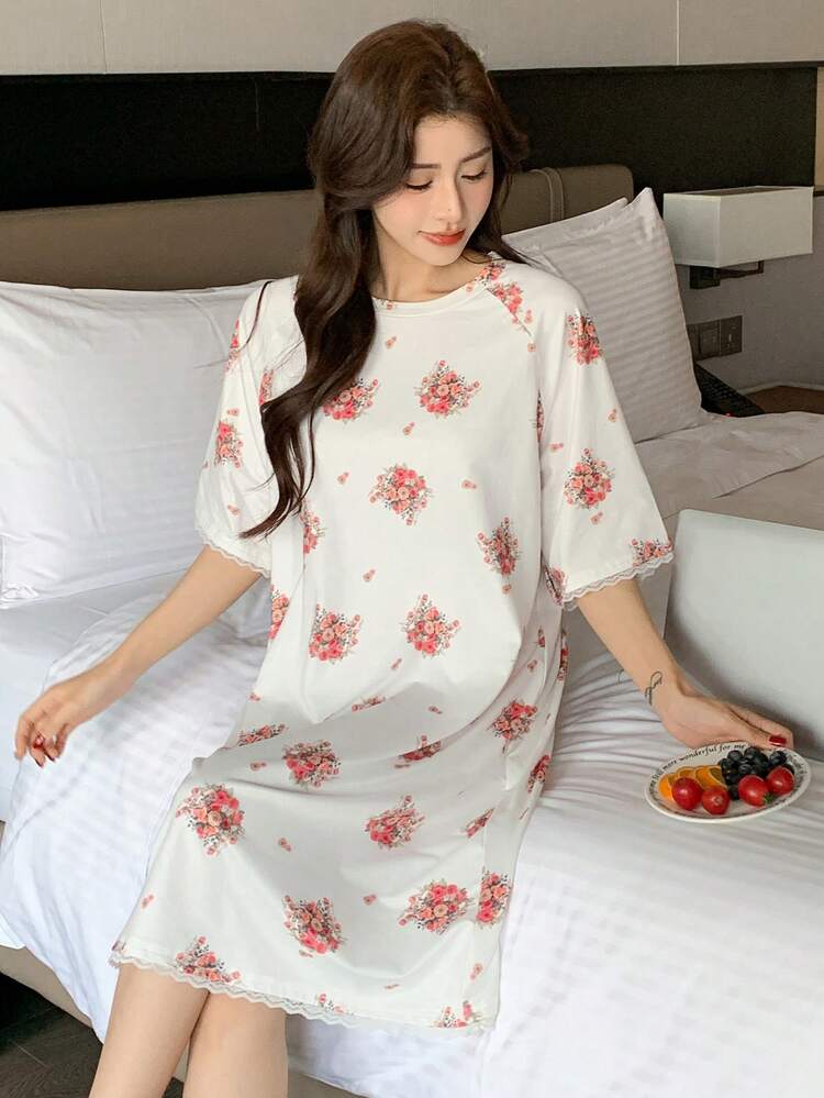 Women's Round Neck Short Sleeve Floral All-Over Print Casual Nightgown Pajama