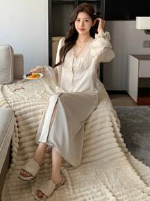 DAZY 女士浪漫蕾丝拼布睡袍睡衣 - 杏色 - 查看 3