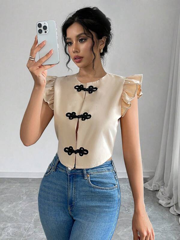 Elenzga Camisa informal de manga corta y cuello redondo de corte holgado con cierre de botón con forma de rana, estilo Año Nuevo Chino, color beige claro