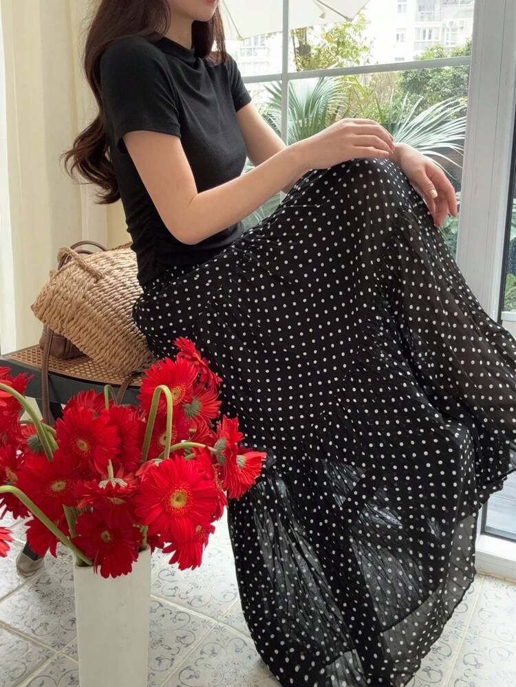 Women Polka Dot Chiffon Versatile Black & White Skirt Fall Skirts