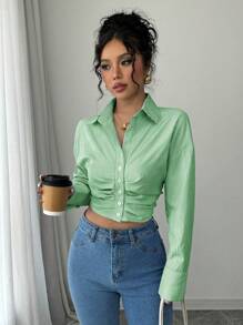 Elenzga Women Casual Striped Cropped Ruched Long Sleeve Shirt, Spring - Green - View 3