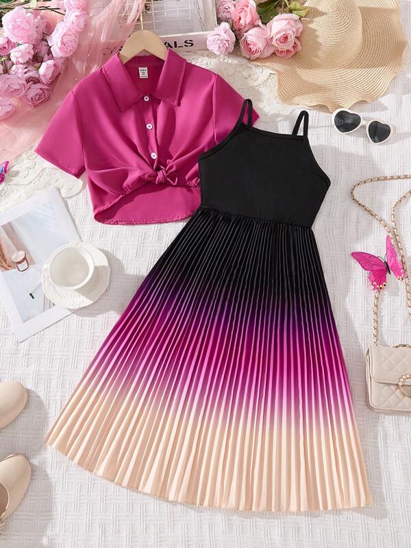 2pcs Tween Girl Elegant Ombre Sleeveless Dress & Casual Short Sleeve Blouse Set, Spring/Summer Vacation