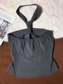 Sweetra 美式简约条纹设计可调节系带领休闲女式背心 - 深灰色 - 查看 4