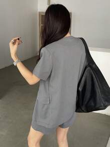 DAZY 女款前扣短袖口袋襯衫與短褲套裝，極簡亞麻商務正裝西式女裝套裝 - 藍色 - 查看 7