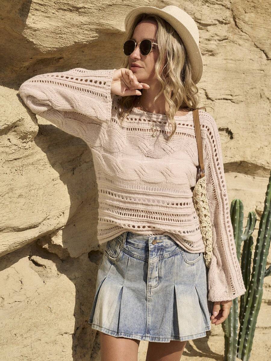 LanaWest 新款欧美风休闲宽松针织女式套头毛衣，时尚针织衫秋冬套头毛衣 - 卡其色 - 查看 1