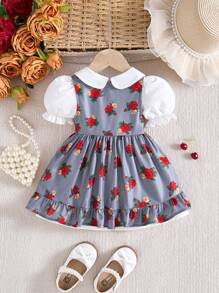 SHEIN Vestito corto da ragazza con colletto alla Peter Pan e maniche corte a fiori, completo estivo di 2 pezzi con cardigan lungo - Grigio - Visualizzare 2