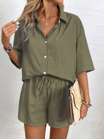 LanaWest 2pcs Women Solid Shirt & Shorts Set, Minimalist Casual Style Daily Wear
