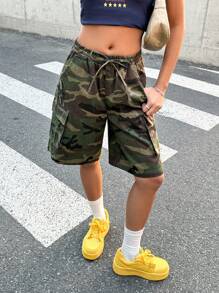 SHEIN Teen Girls' Y2K Summer Break Camouflage Camo Print Denim Loose Baggy Bermuda Denim Jeans Long Shorts,Girls Summer Boho Vacation Holiday Concert Rave Outfits - Army Green - View 6