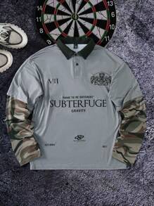 Manfinity Campus Court Aesthetic Post--Men's Letter & Camouflage Patchwork Long Sleeve Casual Polo Shirt, Autumn - Grey - View 8