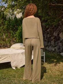 Ocili Ocili Conjunto de pijama/ropa de estar en casa de mujer con top corto de algodón 100% con textura de gofre sin hombros de manga corta, de ajuste holgado y cómodo