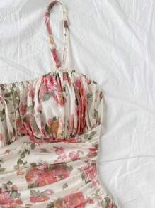 Soleia Vestido corto de verano con diseño floral de malla y drapeado sin espalda con tirantes para primavera y vacaciones - Multicolor - Ver 5