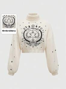 ROMWE High Neck Goth Black Mysterious Cat Embroidery Pullover Sweater - Apricot - View 1