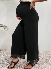 SHEIN Maternity Elastic Waist Flared Leg Solid Color Frill Trim Simple Casual Pants, For Daily Wear - Black - View 1