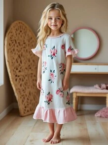 年轻女孩花卉印花荷叶边休闲长睡袍，舒适家居服 - 粉色 - 查看 1