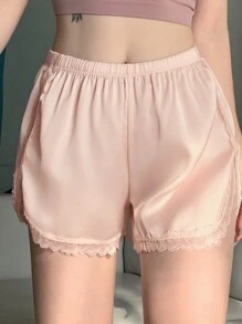 DAZY 女式蕾丝拼布纯色开叉下摆紧身裤 - 杏色 - 查看 4